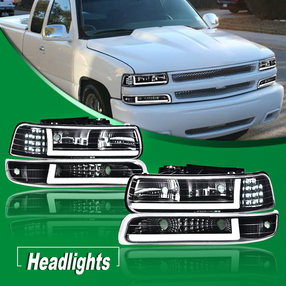 Clear/Black LED Tube DRL Headlights and Fog Lights for 99-06 Silverado/Suburban- v