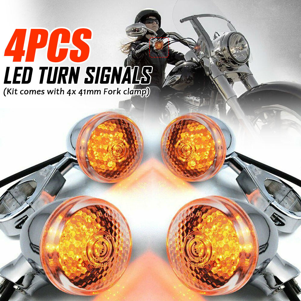4x Front Rear Motorcycle LED Turn Signal Light 41mm Fork Clamp Chrome for Harley Q