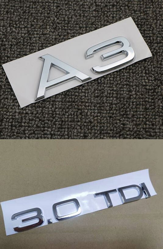 Rear badge, trunk boot badge sticker, lettering, chrome silver, suitable for Audi A3 3.0 TDI