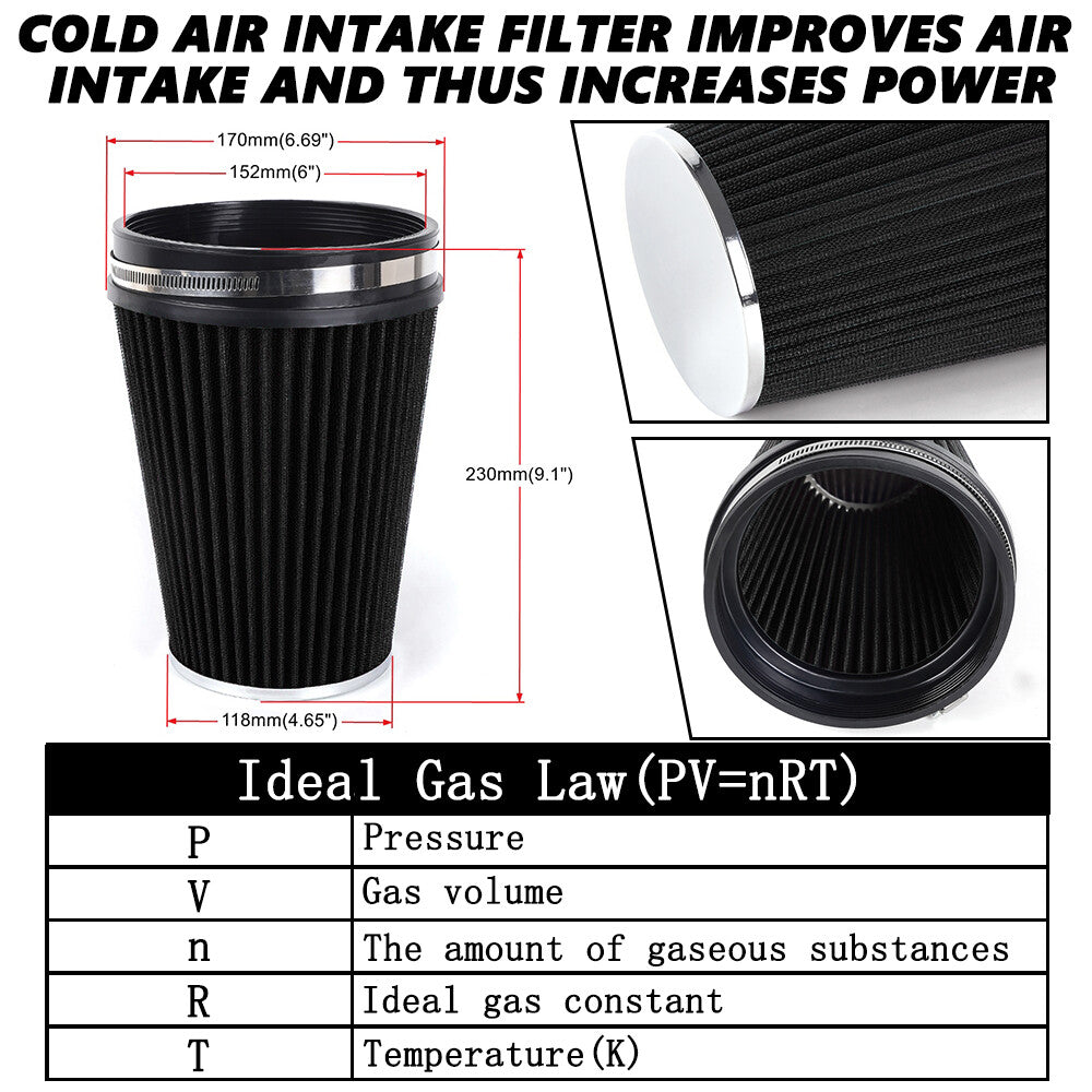6 152mm Universal Inlet Truck Air Intake Cone Replacement Dry Air Filter BLACK Q