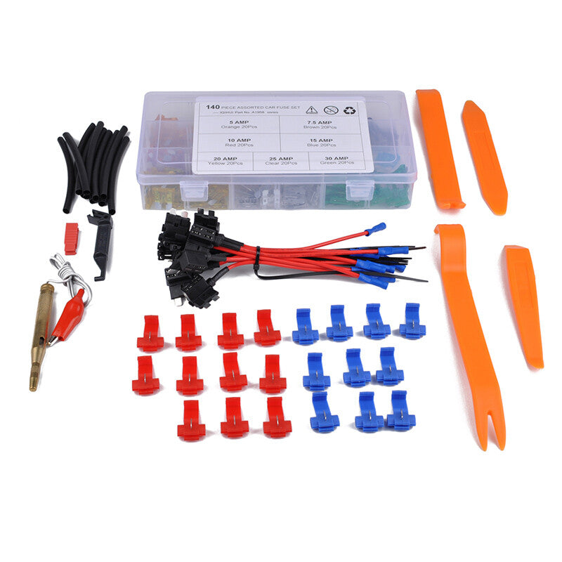 140-pack of nylon blend multi-grade automotive blade fuses (5-25A/30A) + fuse holder box accessories