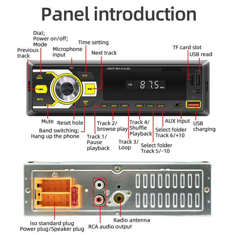 Car Stereo Bluetooth USB TF FM MP3 Player AUX Radio Media Voice Assistant US v