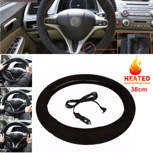 Car Winter Heated Steering Wheel Cover (38cm x 15inch) with Heater and Lighter Plug (Black) n