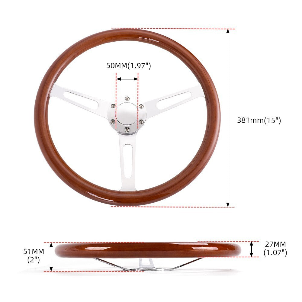 15/380mm Chrome Steering Wheel Stainless Steel Dark Wood Grip w/Horn Button