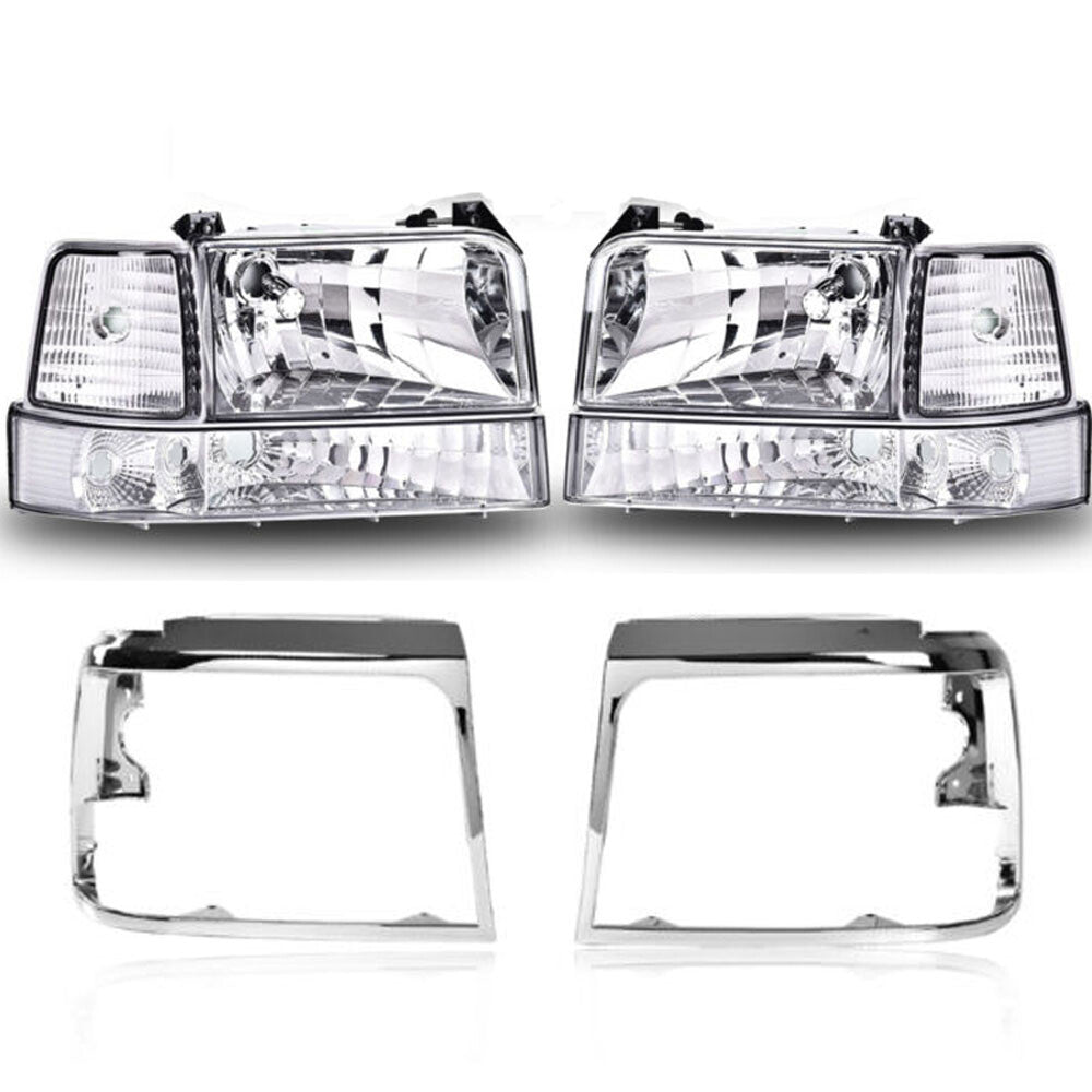 Fits 92-96 F150/F250 for CHRome/Transparent Headlights + for CHRome Headlight Door Bezel - v