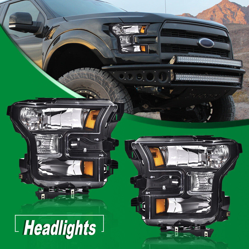 Black Housing Corner Headlight Clear Headlight Fits 2015 - 2017 for F150 Pair - v