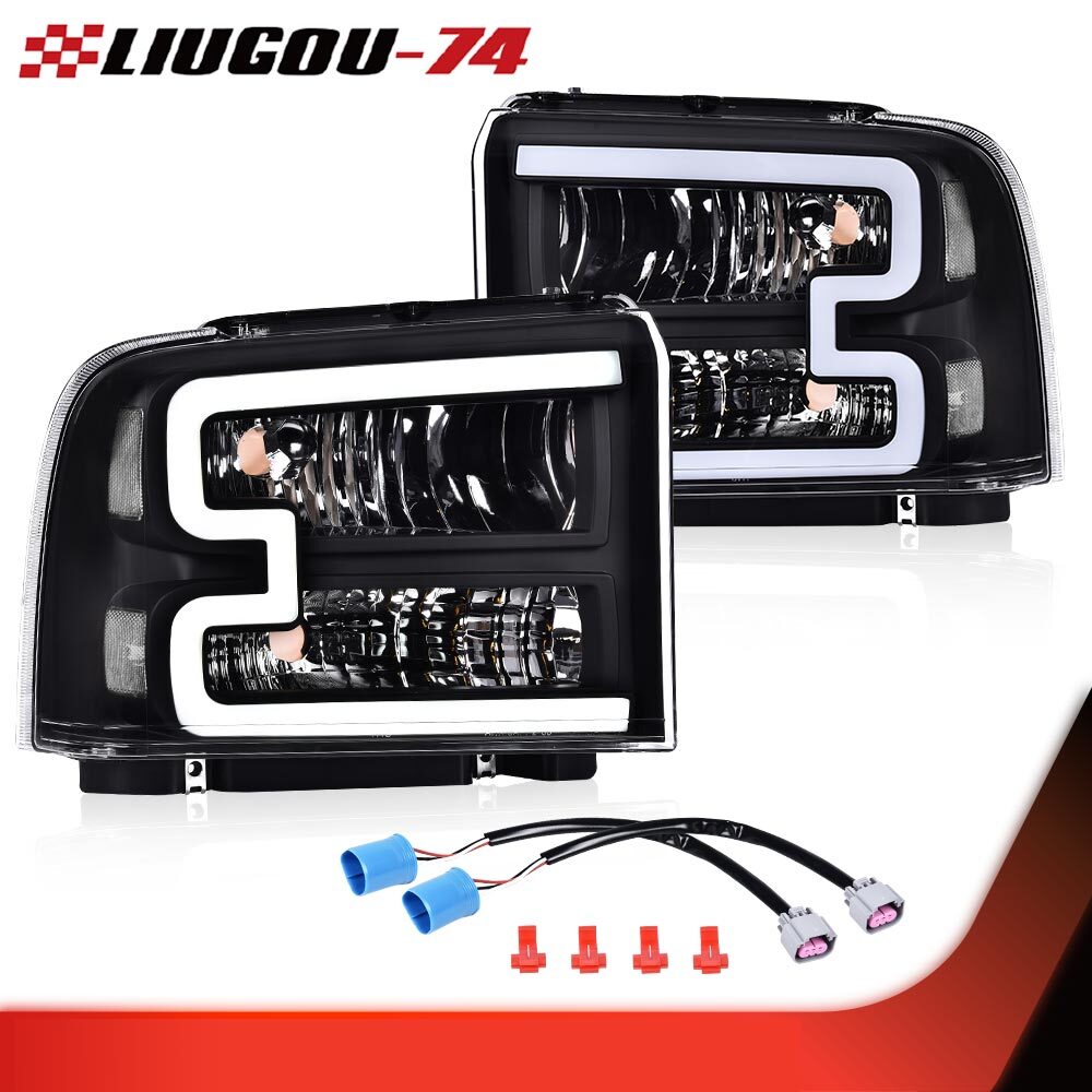 LED DRL headlights, clear/black, suitable for Ford F250, F350, F450, F550. 05-07 Super Duty