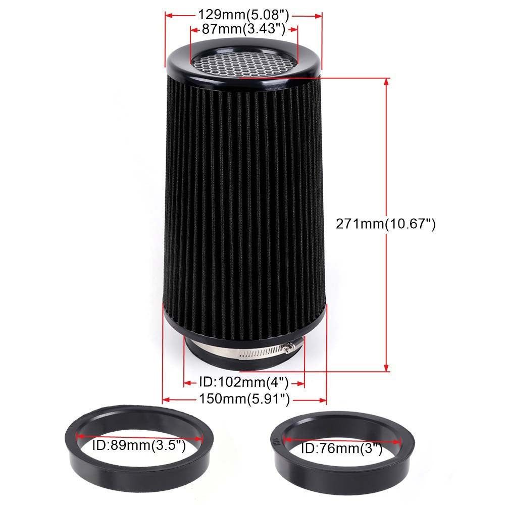 Performance High Flow Cold Air Intake Black Air Filter 3, 3.5, 4, 10.5 Tall Q