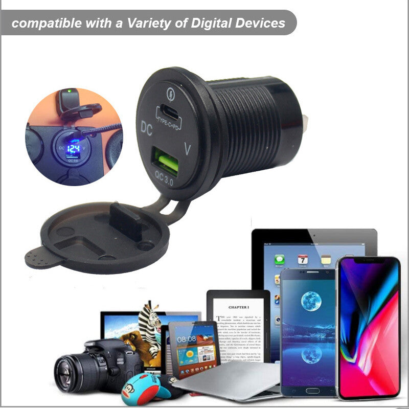 USB-C car charger socket, PD USB socket, QC3.0 USB charger socket with LED voltmeter. n