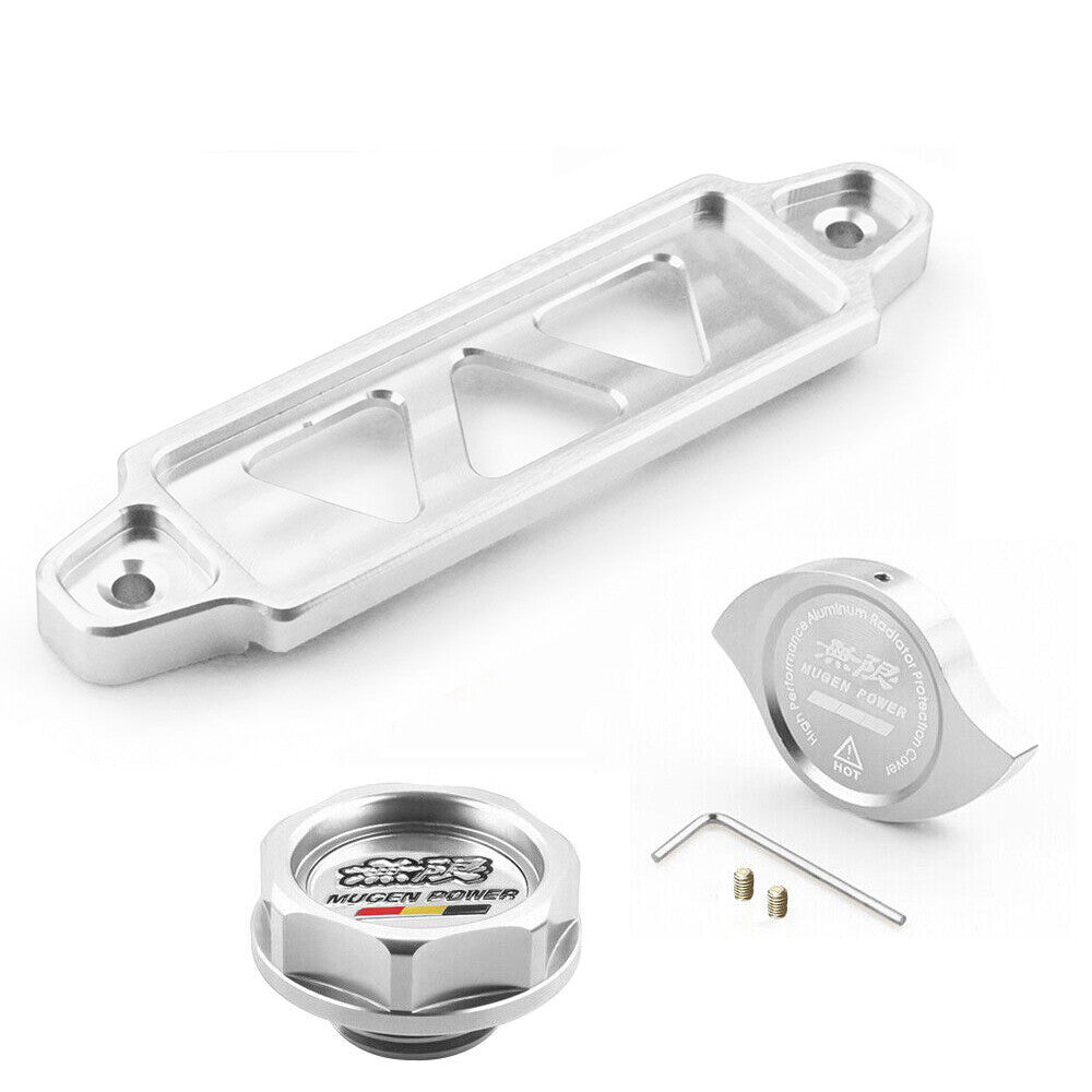 JDM Silver Engine Oil Filler Cap+ Radiator Cap+ Battery Tie Down for Honda for Acura