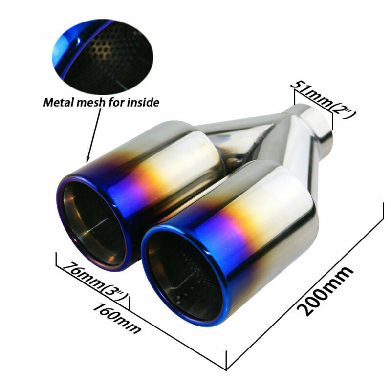 Universal Blue End Pipe Double Wall Exhaust Tips for 2 ID with Metal Mesh