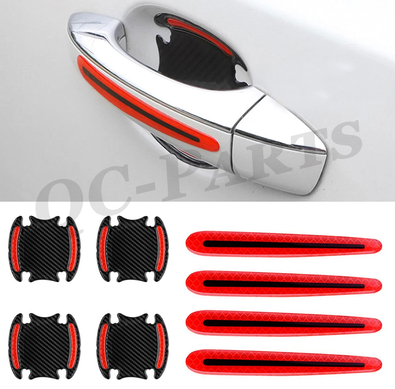 Carbon fiber reflective strip car door handle safety warning sticker decoration 8x red
