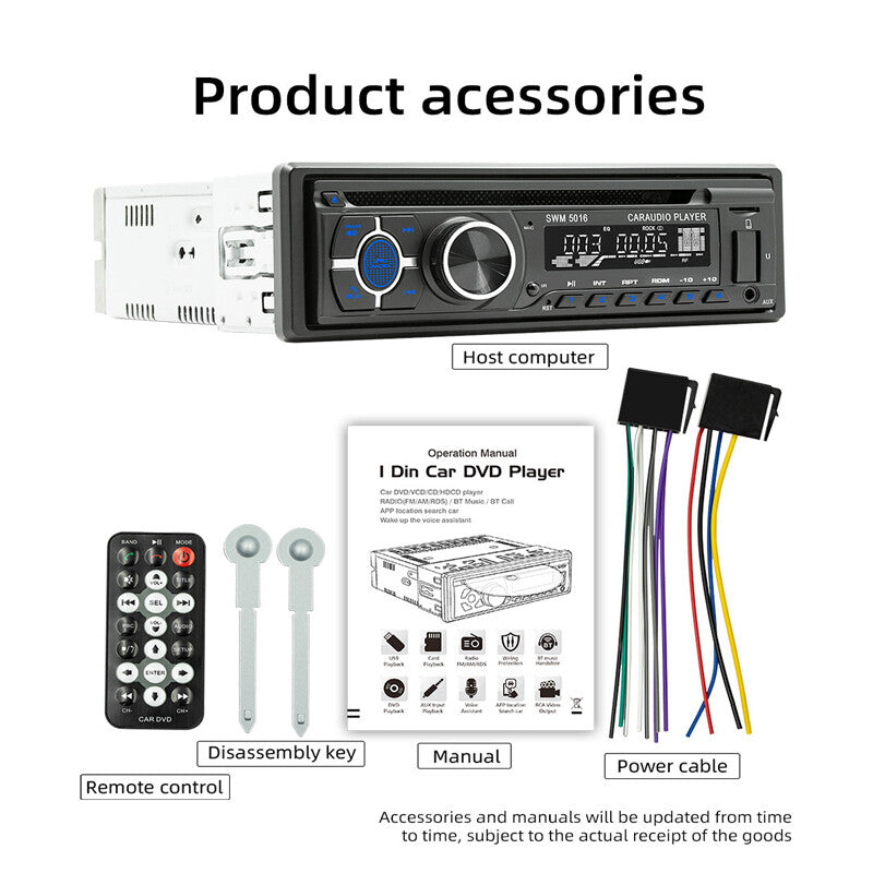 Car 1-DIN SUV Stereo CD/DVD Player with Bluetooth FM/RDS/AM Radio, App, MP3, and USB.