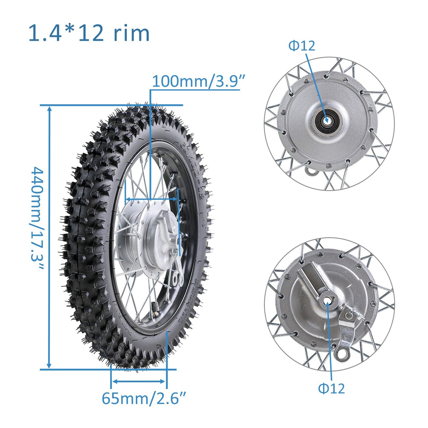 12-inch wheels, fork, 60/100-12 tires, suitable for CRF70 and CRF50 for mini pit dirt bike razors.