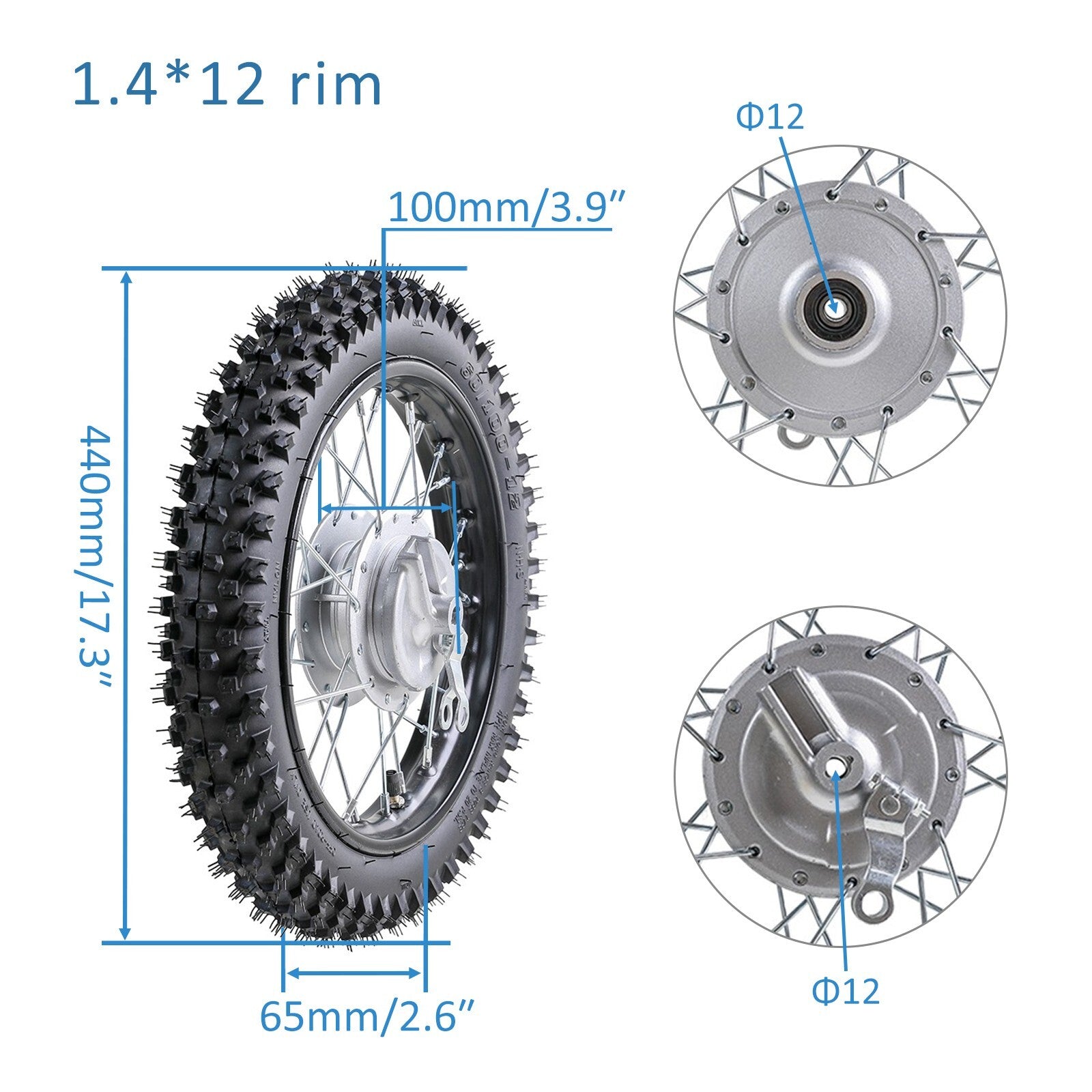 12-inch wheels, fork, 60/100-12 tires, suitable for CRF70 and CRF50 for mini pit dirt bike razors.