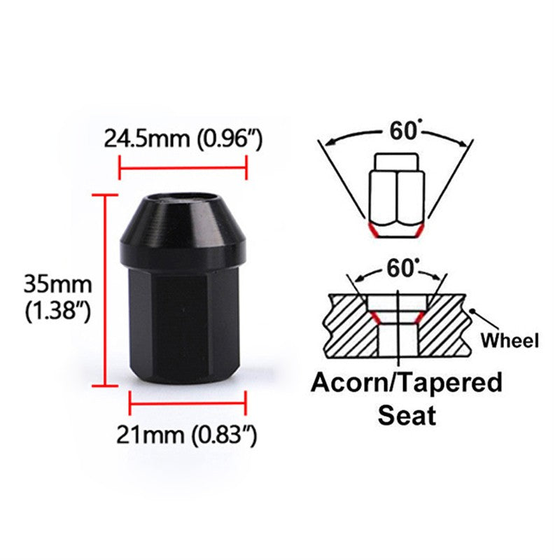 M12x1.5 16Pcs 35mm Close End Lug Nuts + 4Pcs Anti Theft Wheel Lock Nut Alumi Blk Q