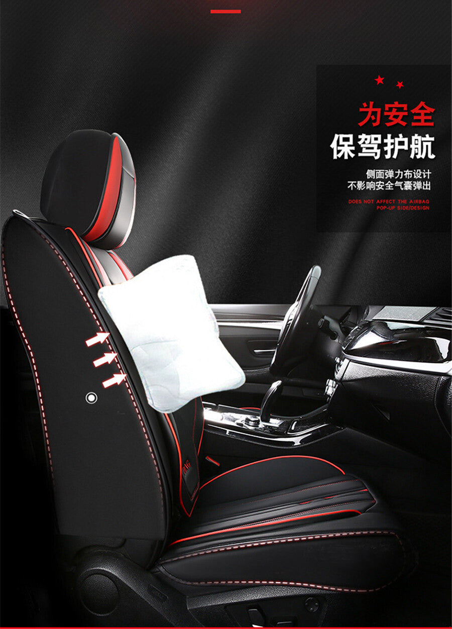 Black+Red PU Leather 5-Seats Car Front  Rear Cushion Set for Seat Cover w/ Headrest Q