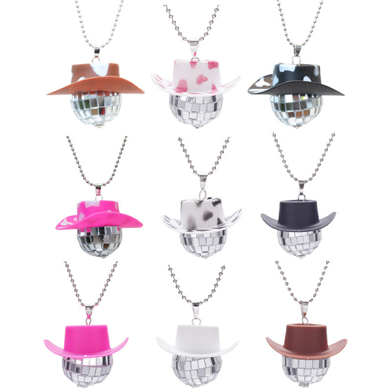 Cowboy Hat Disco Ball Car Ornamen Rearview Mirror Hanging Acessory Cow Pink