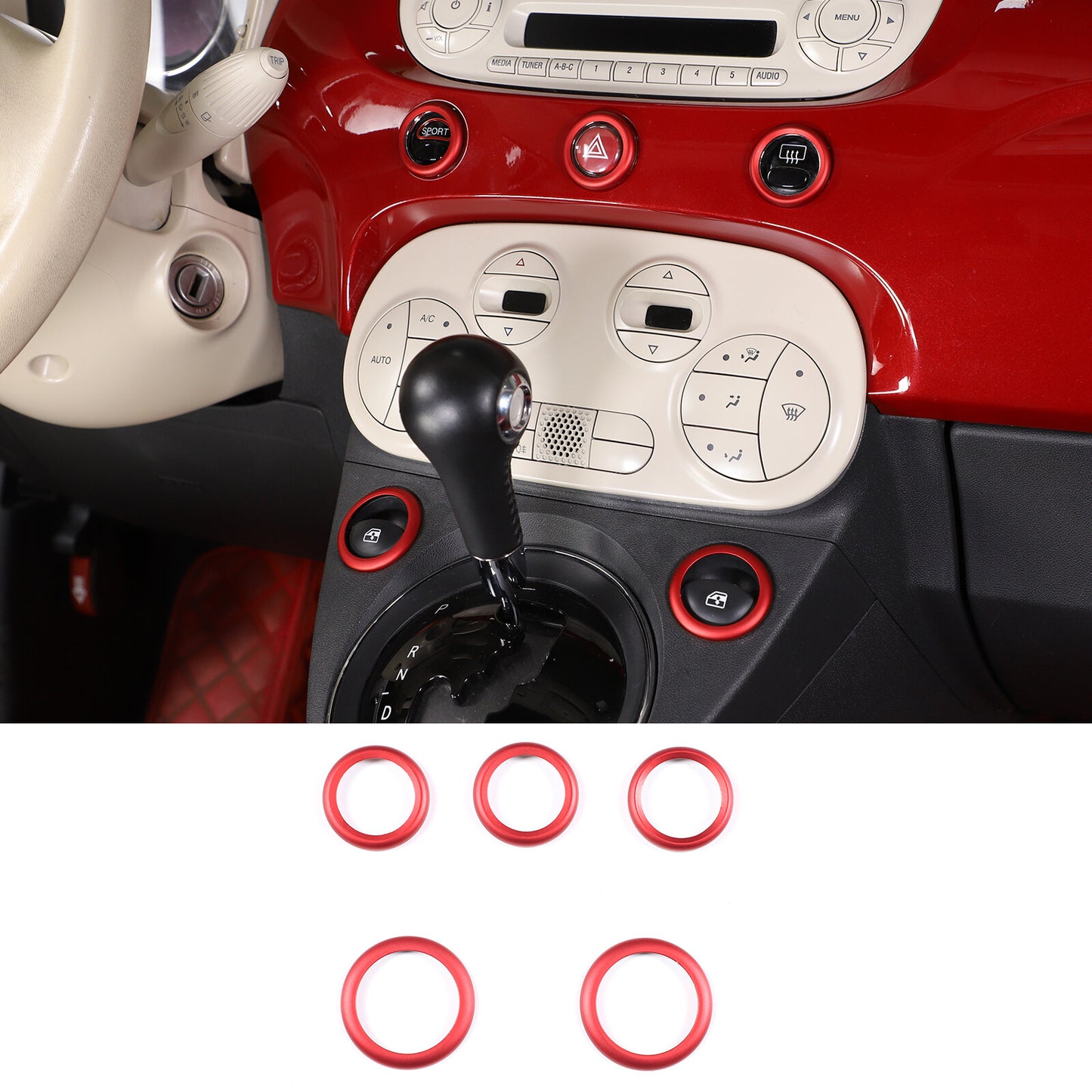 Red aluminum dashboard switch with button ring trim for Fiat 500 2010-2022 5 pieces n