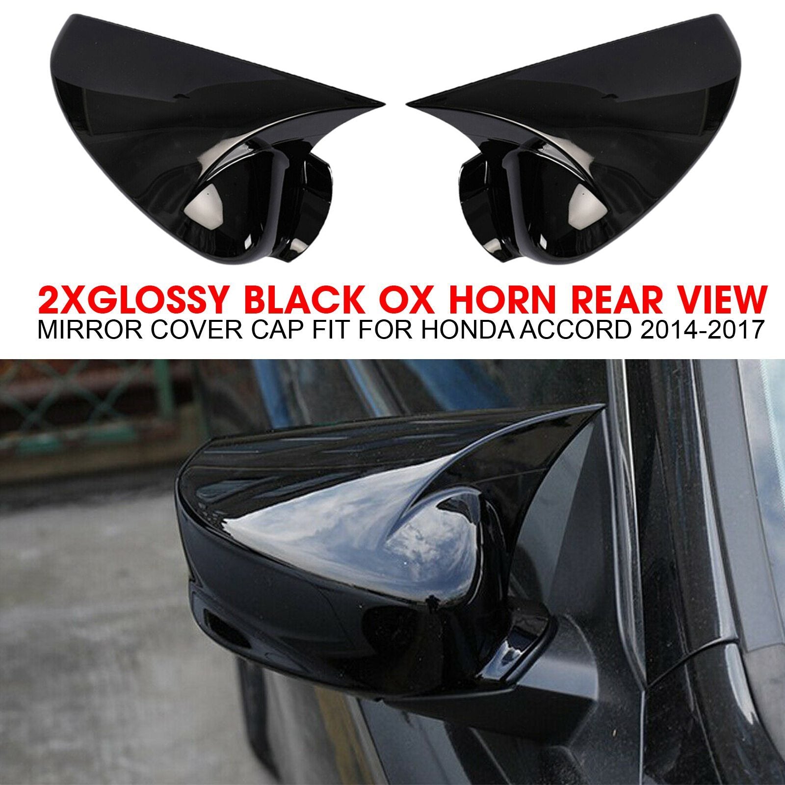 2XGlossy Black Ox Horn Side Door Mirror Cover Cap fit for Honda Accord 14-17 NEW