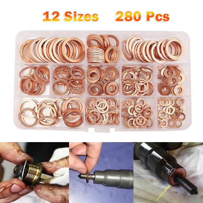 US 280PCS Car Solid Copper Crush Washers Assorted Seal Flat Ring Hardware v
