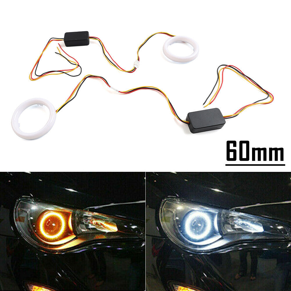 2x White Amber Switchback LED Angel Eyes Halo Rings Car Headlight Retrofit 60MM