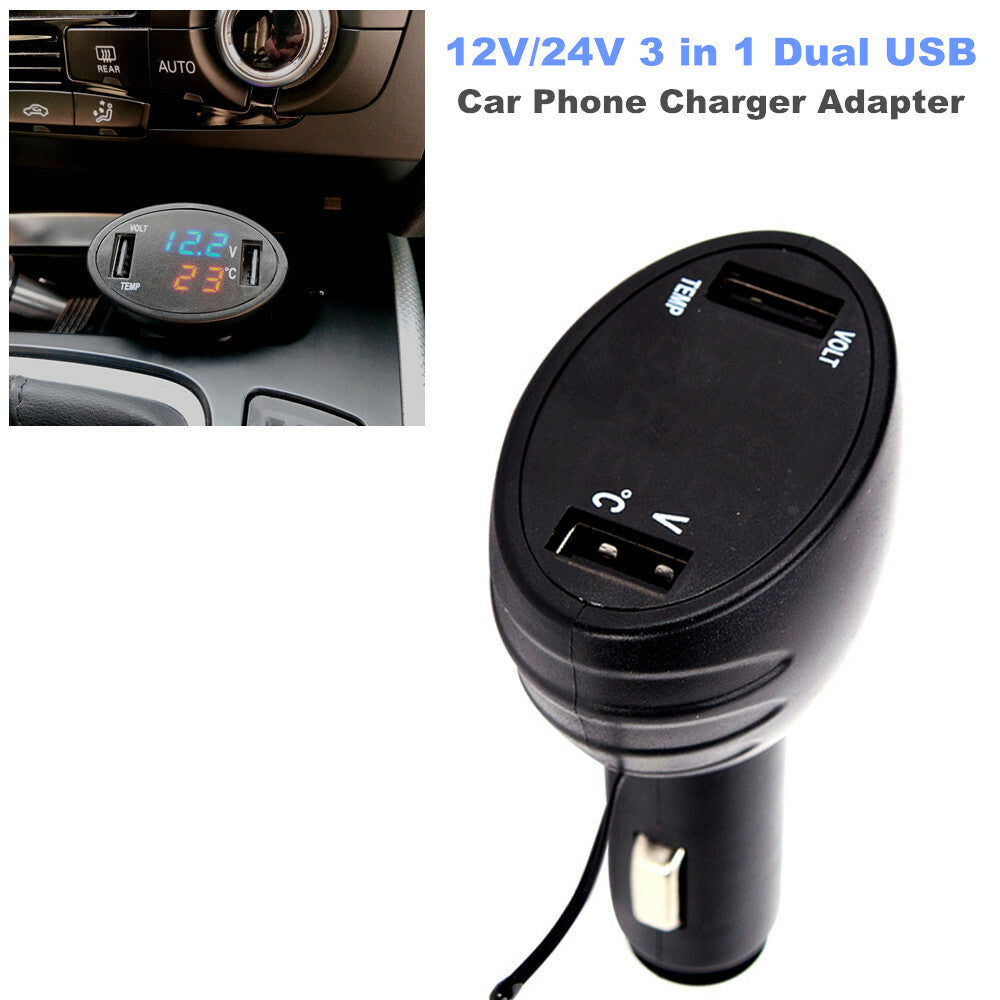 12V/24V 3-in-1 Dual USB Car Phone Charger Adapter with LED Display for Fast Charging n