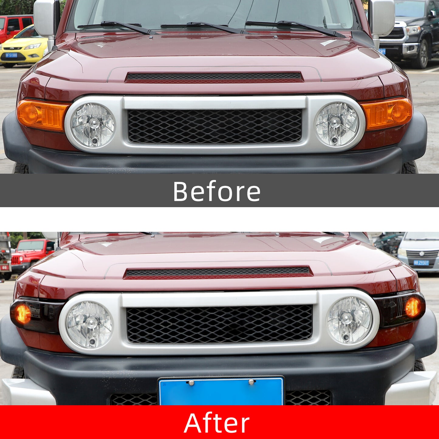 Smoked black front turn signal light cover trim for 2007-2014 for Toyota FJ Cruiser.