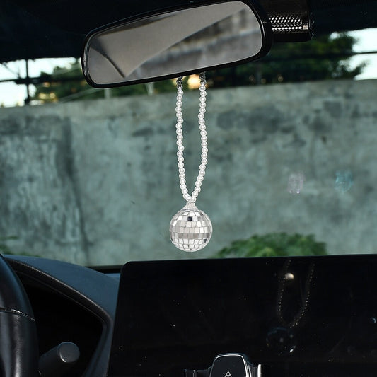 Silver Bling Disco Ball Car Rear View Mirror Hanging Ornament Pearl Chain Women