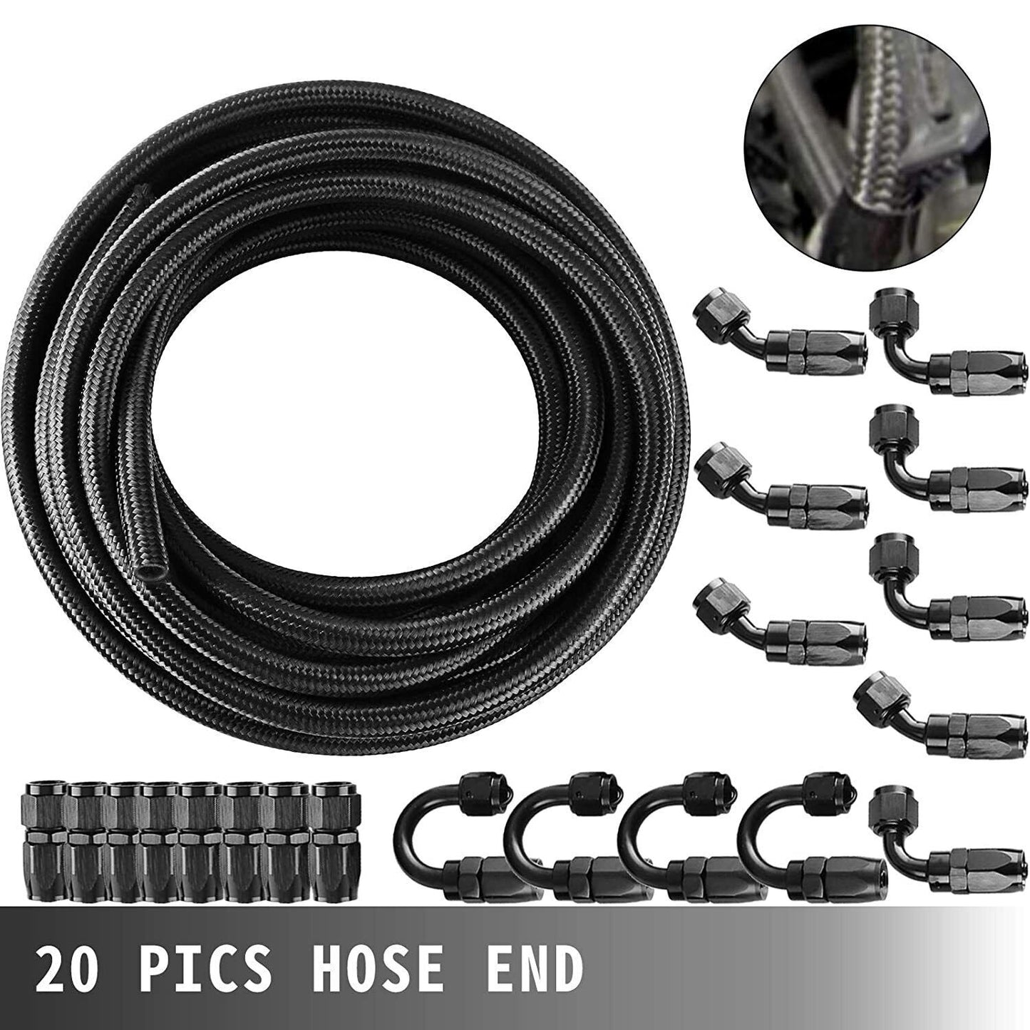 10AN Black Nylon E85 CPE Gas Line 33ft 20-Piece Accessory Hose Kit - Black