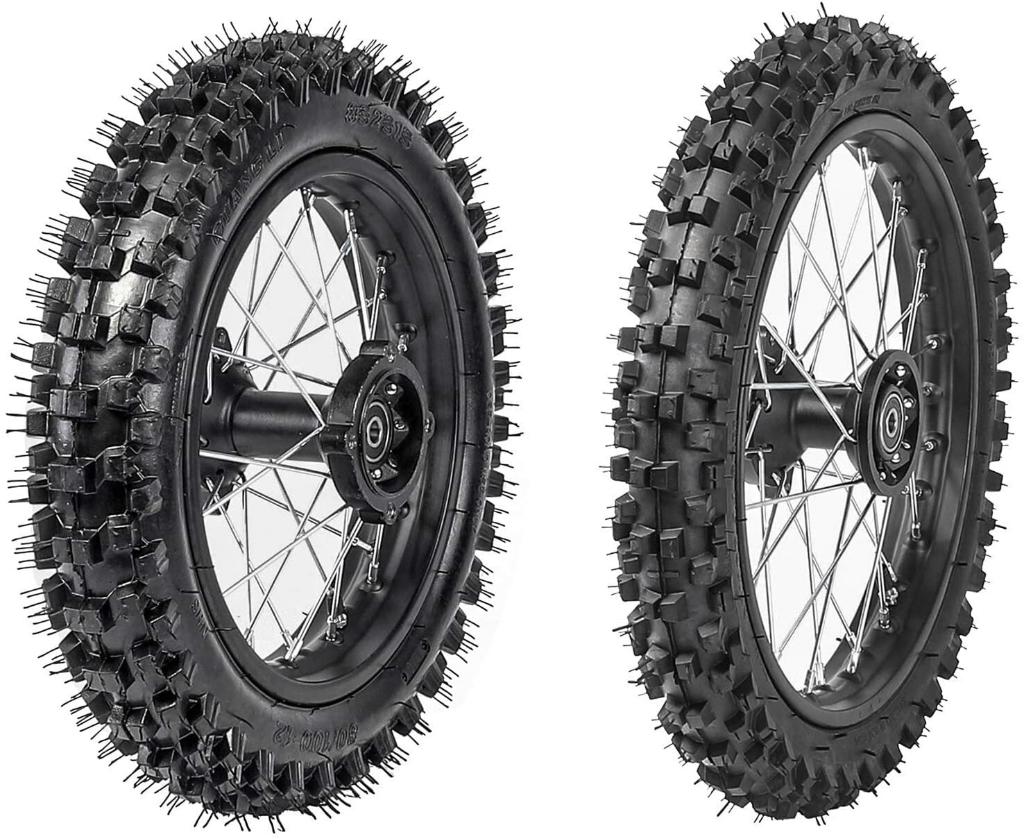 14-inch and 12-inch wheels, 60/100-14 and 80/100-12 rims, for mountain bikes CRF50, KX65, and Apollo, 110cc, 125cc.