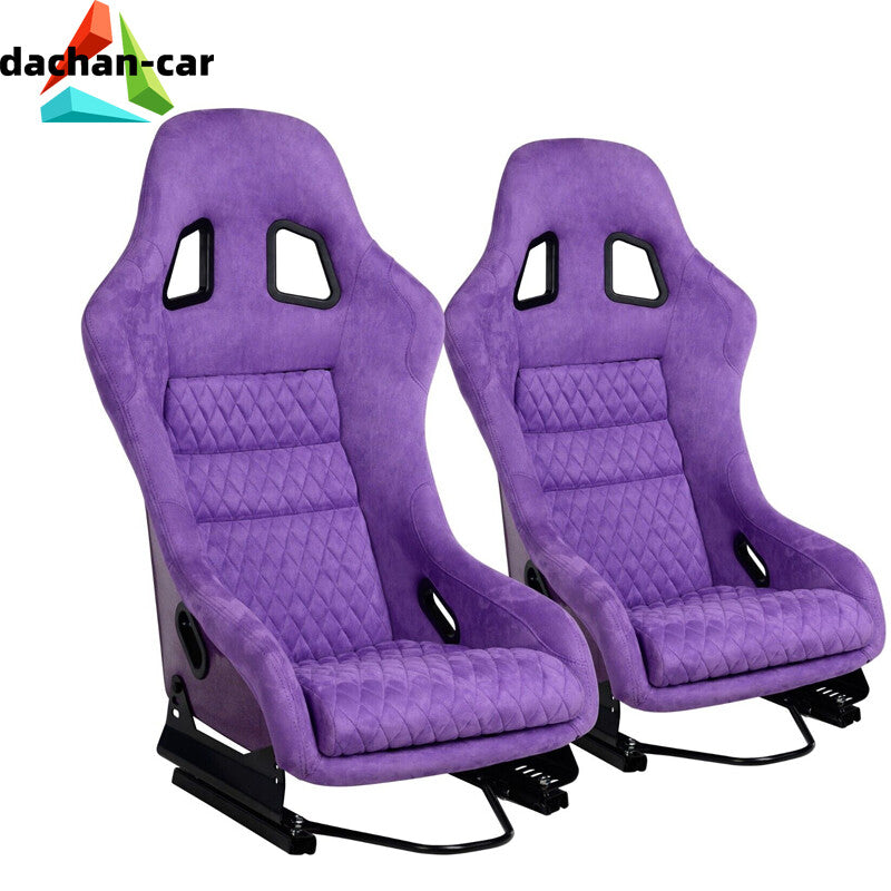 Pair 2 Universal Racing Bucket Seats w/ Sliders, Purple Suede Glitter Fiberglass v