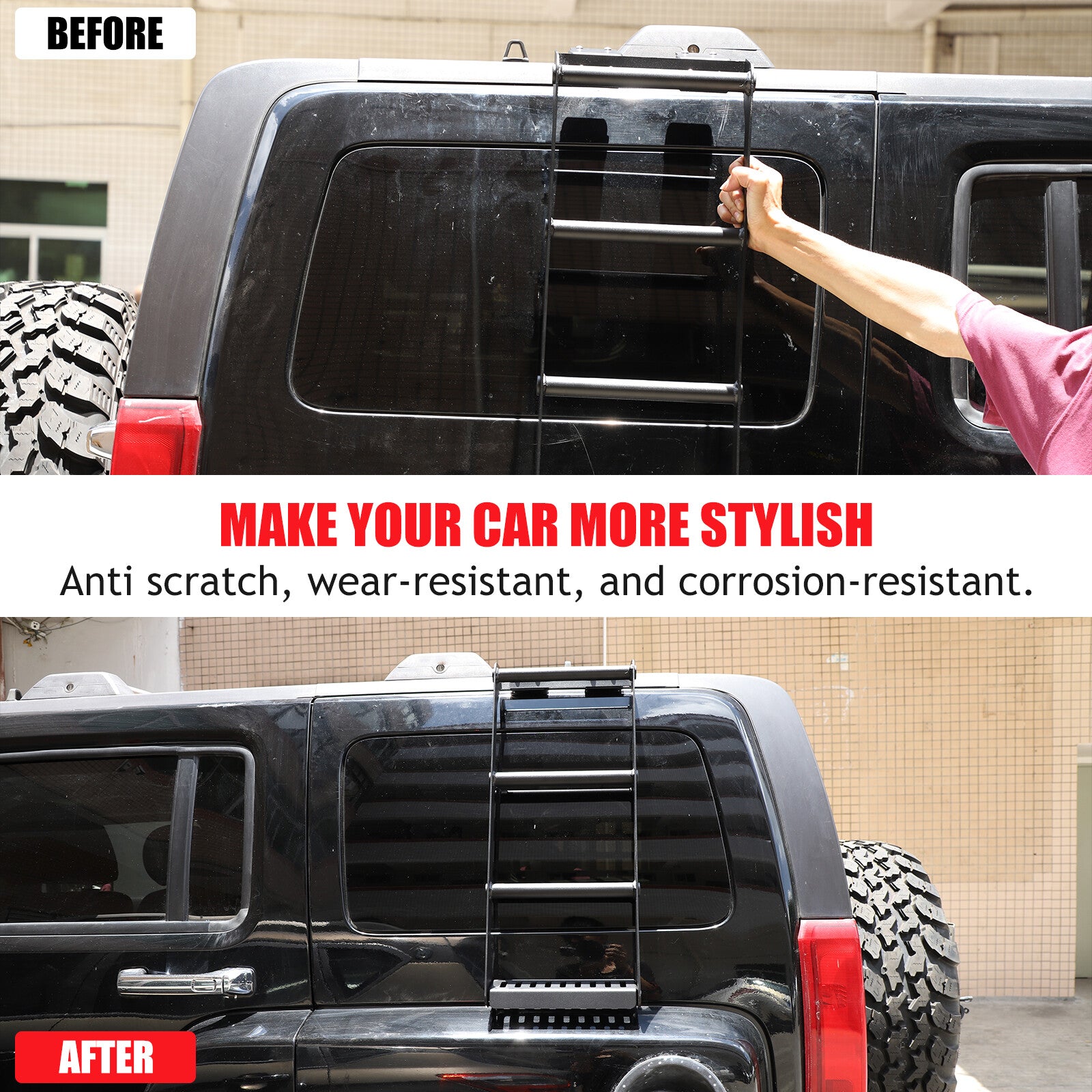 Extended rear window climbing ladder and climbing protection for Hummer H3 2005 - 09