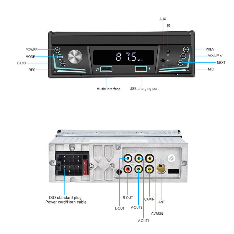 7-inch flip touchscreen single 1 DIN car stereo radio with Bluetooth mirrored connection for MP5 players. n