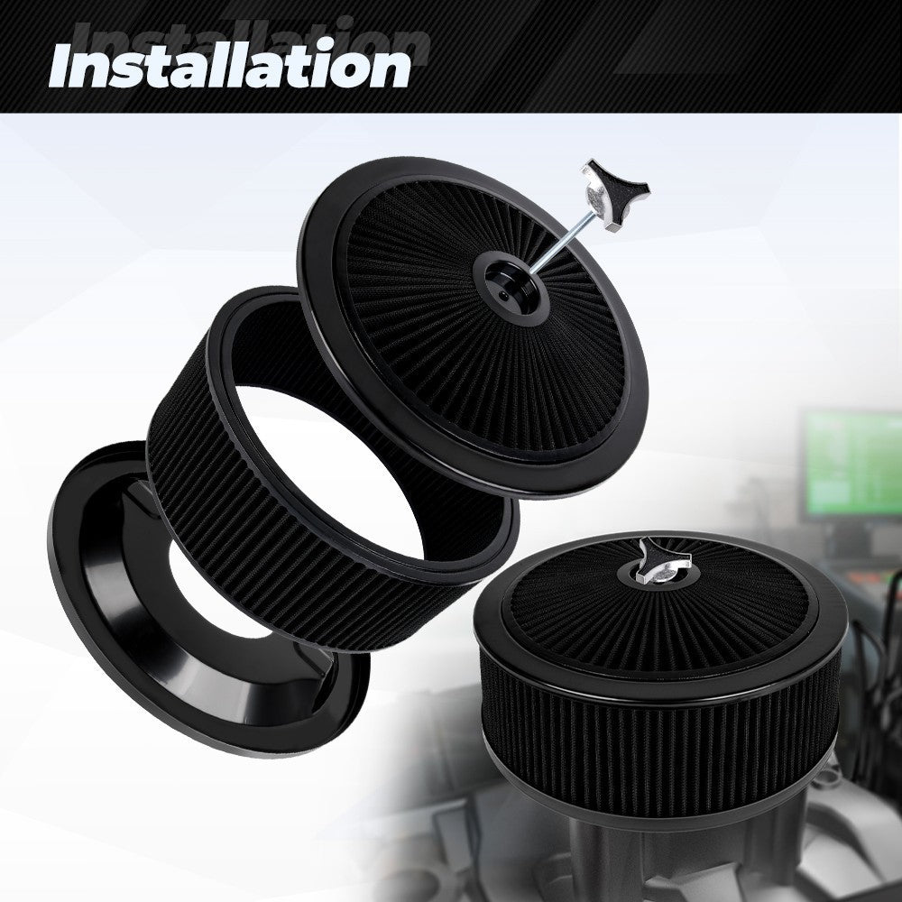 Black 14 x 5 Round Deep Dish Air Cleaner Kit + Washable Filter w/ Chrome Lid Q