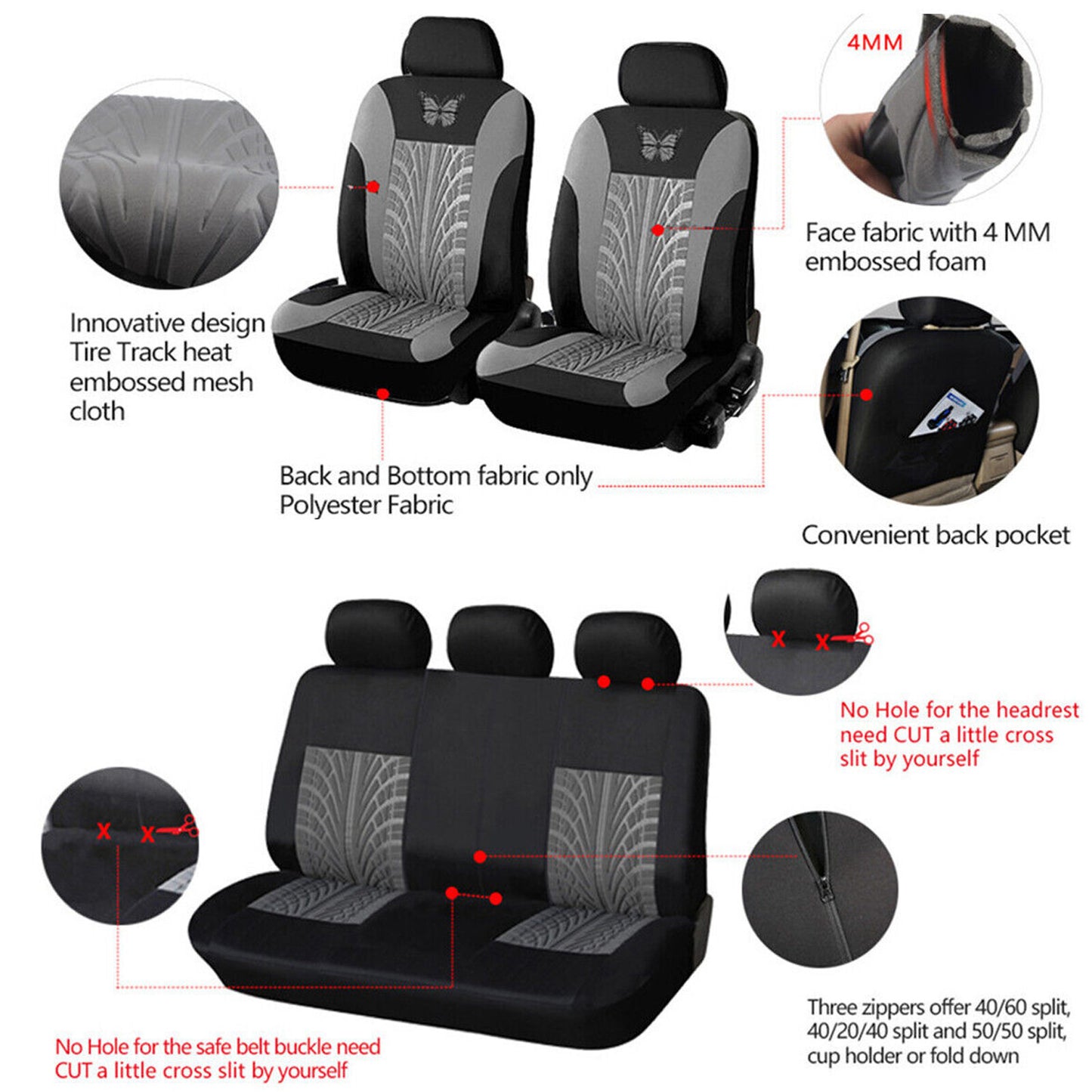 9pc Car for Seat Cover Butterfly Front Rear Protector Universal Full Set 5-Sit G5S3 Q