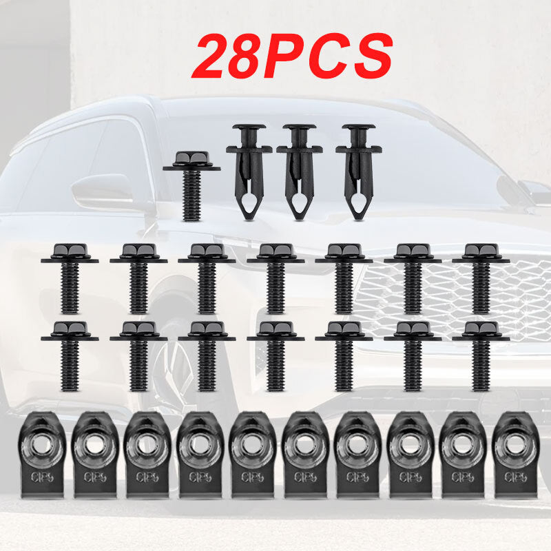 28pcs/Set Car Engine Splash Shield Body Bolt Screws Nut Fender Bumper Clip Rivet
