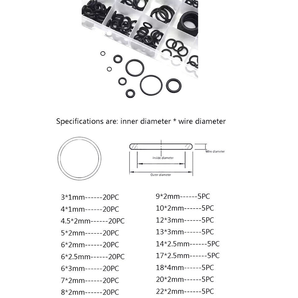 225 Pcs Universal Rubber O-ring Metric Assortment Set Gasket Seal Mm Kit Q