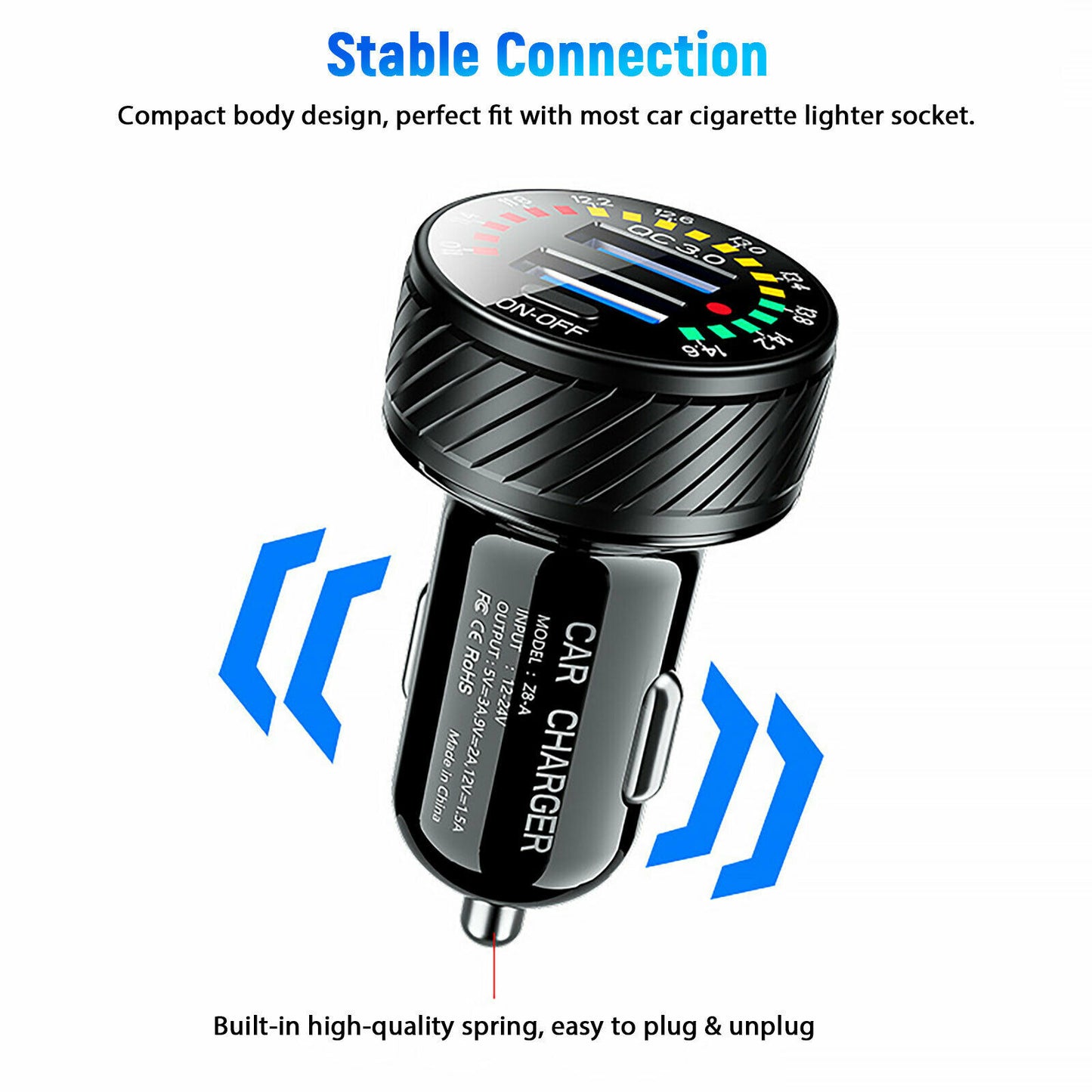 36W Dual USB QC3.0 Fast Car Charger Cigarette Lighter LED ON/OFF Power Adapter