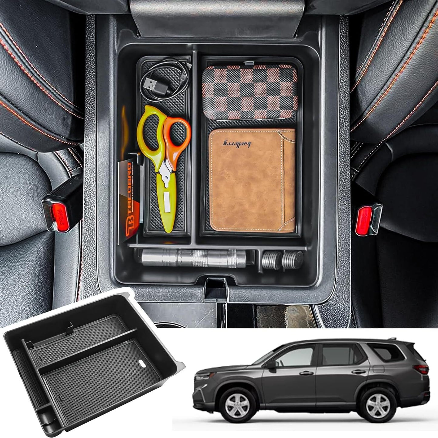 Black ABS Center Console Armrest Storage Box Organizer for Honda Pilot 2023-2025