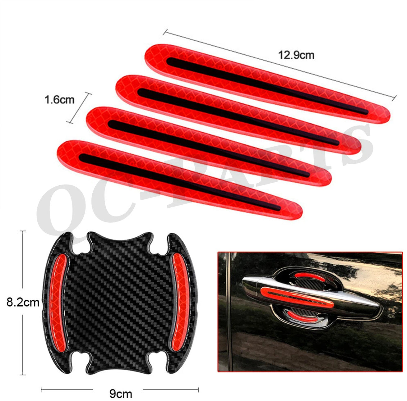 Carbon fiber reflective strip car door handle safety warning sticker decoration 8x red
