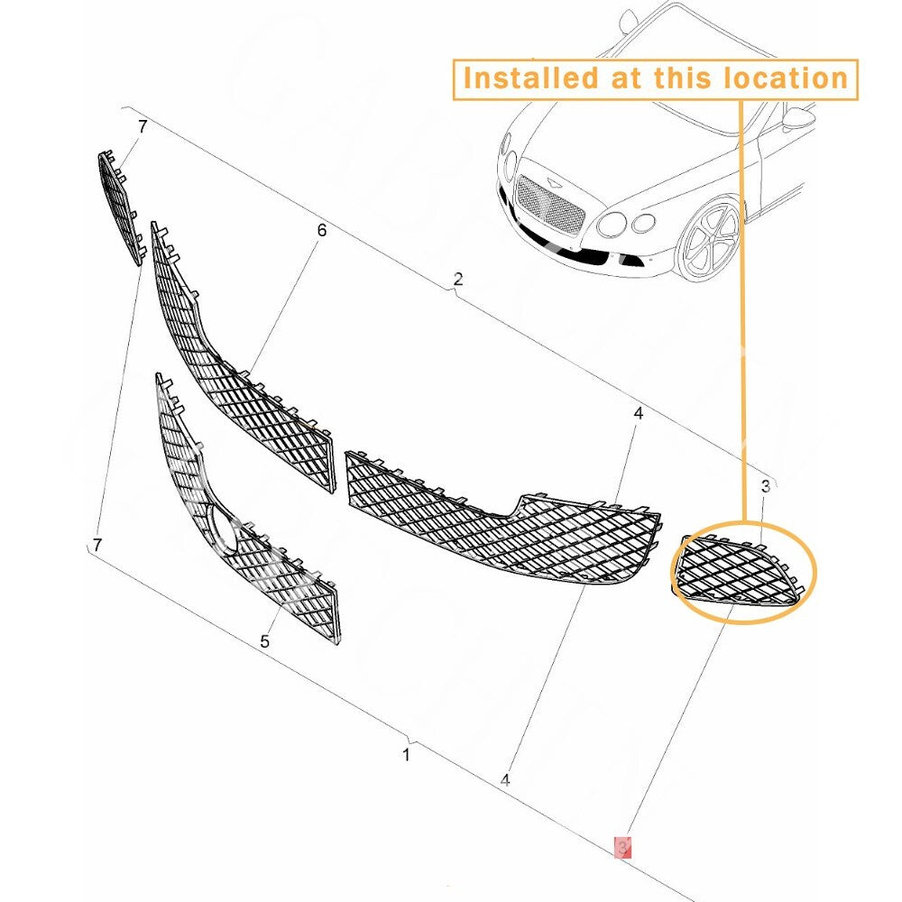 Suitable for Bentley GT GTC lower left grill panel insert. Equipment Manufacturer: 3W3807683