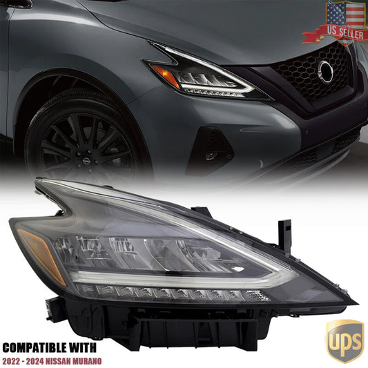 Right Passenger Side LED Headlight Assembly for Nissan Murano Black 2022-2024