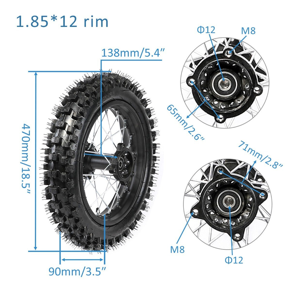 Front 60/100-14, Rear 80/100-12 tires and rims suitable for 90cc and 110cc Pro Monkey Pit bicycles.