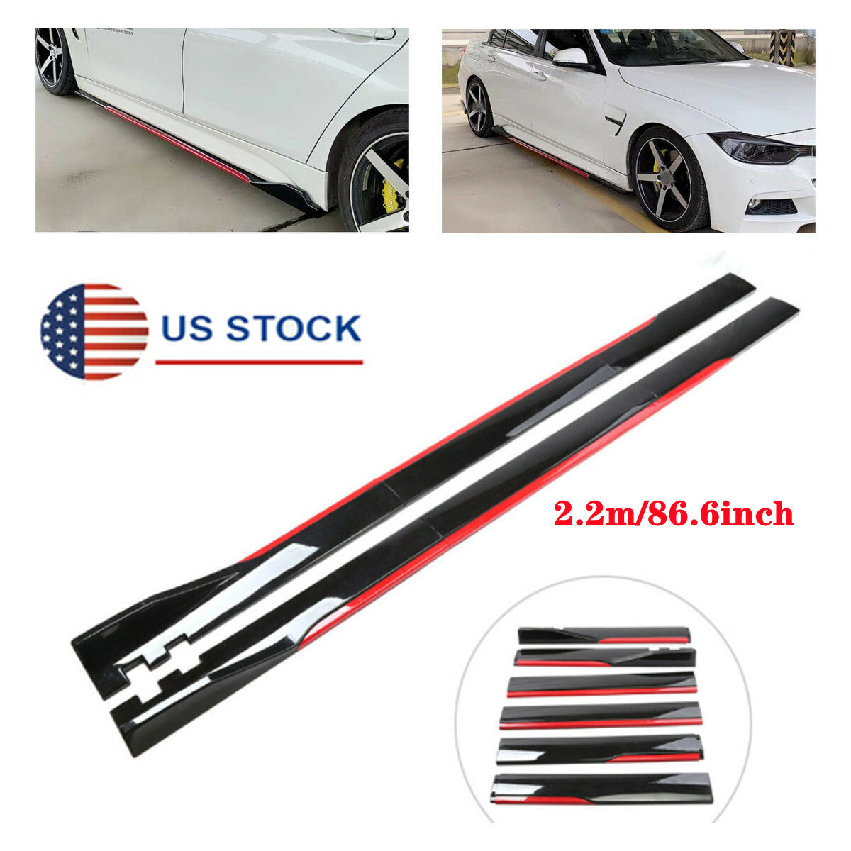 Gloss Black Red Color Splicing 2.2m Car Side Skirts Winglet Extensions Splitters