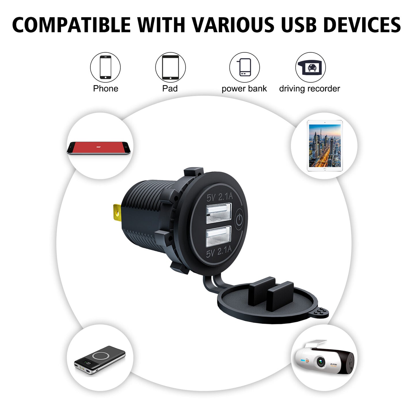 Car Cigarette Lighter Socket Dual USB Fast for Charger Adapter w/ Wire and Terminal