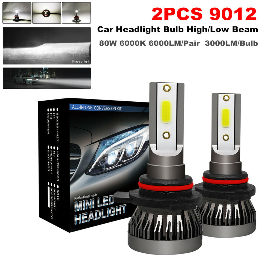 2pcs 9012 LED Car Headlight Bulbs High/Low Beam Kit 80W 6000k White Waterproof n