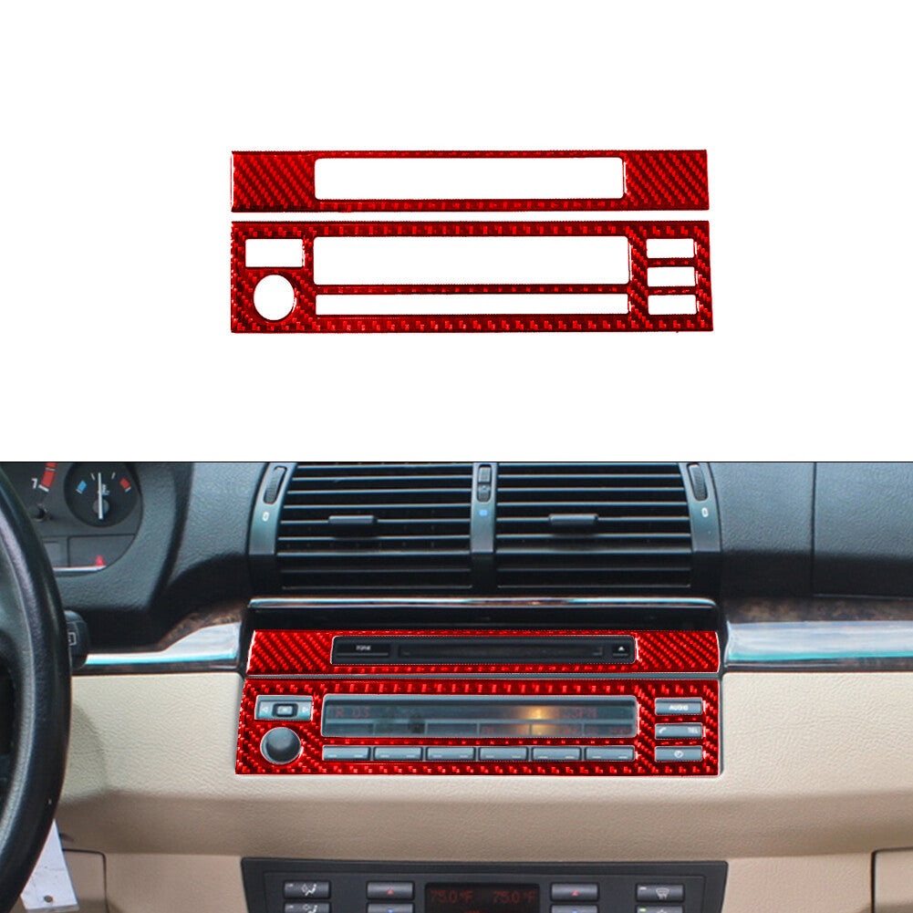 2X Red Carbon Fiber Radio CD Player Trim for BMW X5 2000-2006