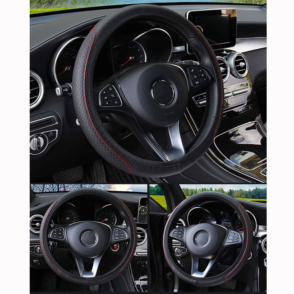 Car steering wheel cover, leather fit, good grip, car accessories, 15-inch, black and red - n