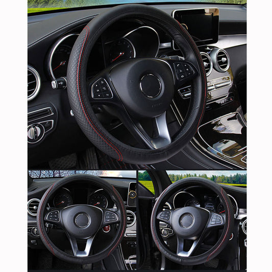 Car steering wheel cover, leather fit, good grip, car accessories, 15-inch, black and red - n